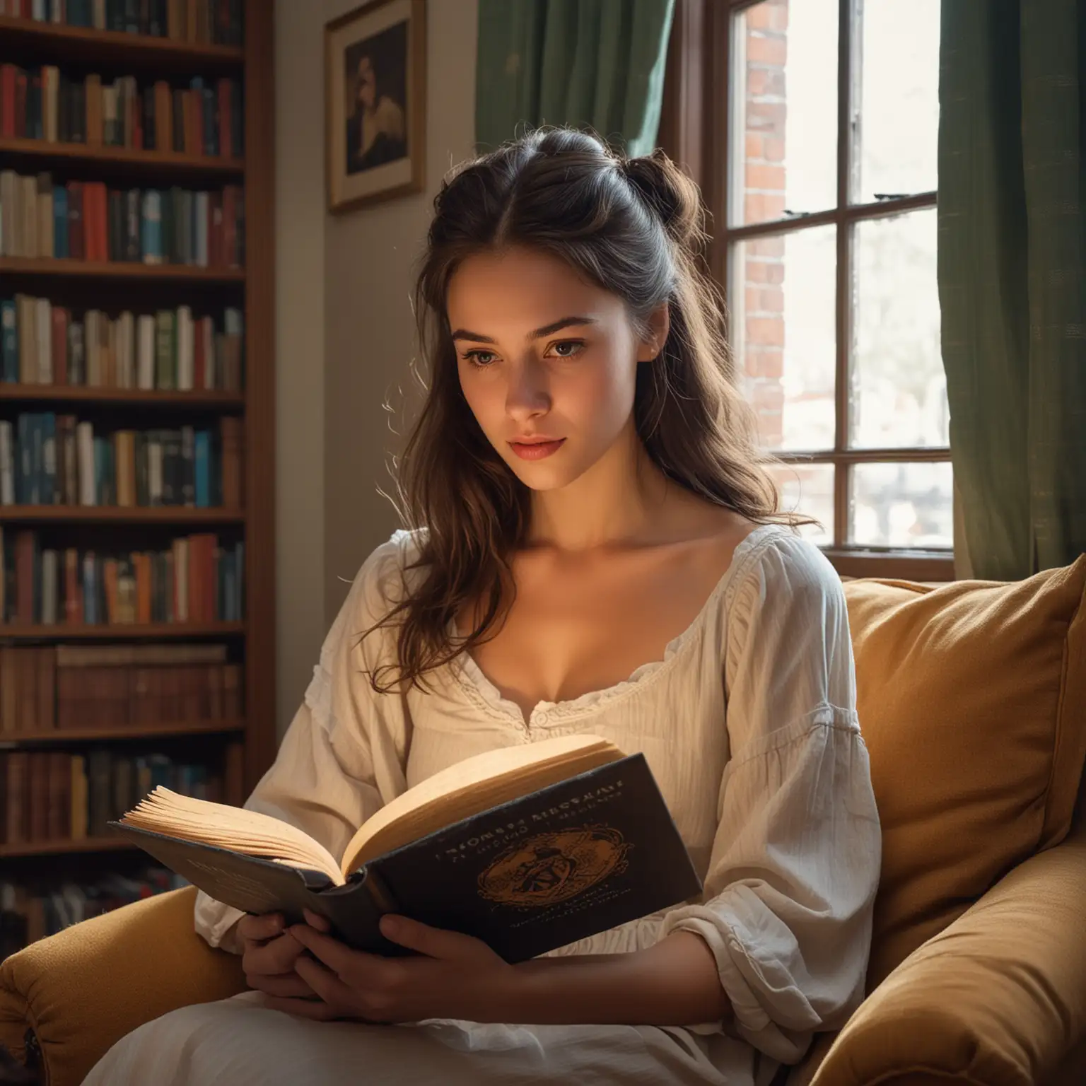 Young Woman Enraptured by Adventure Novel in Cozy Reading Nook