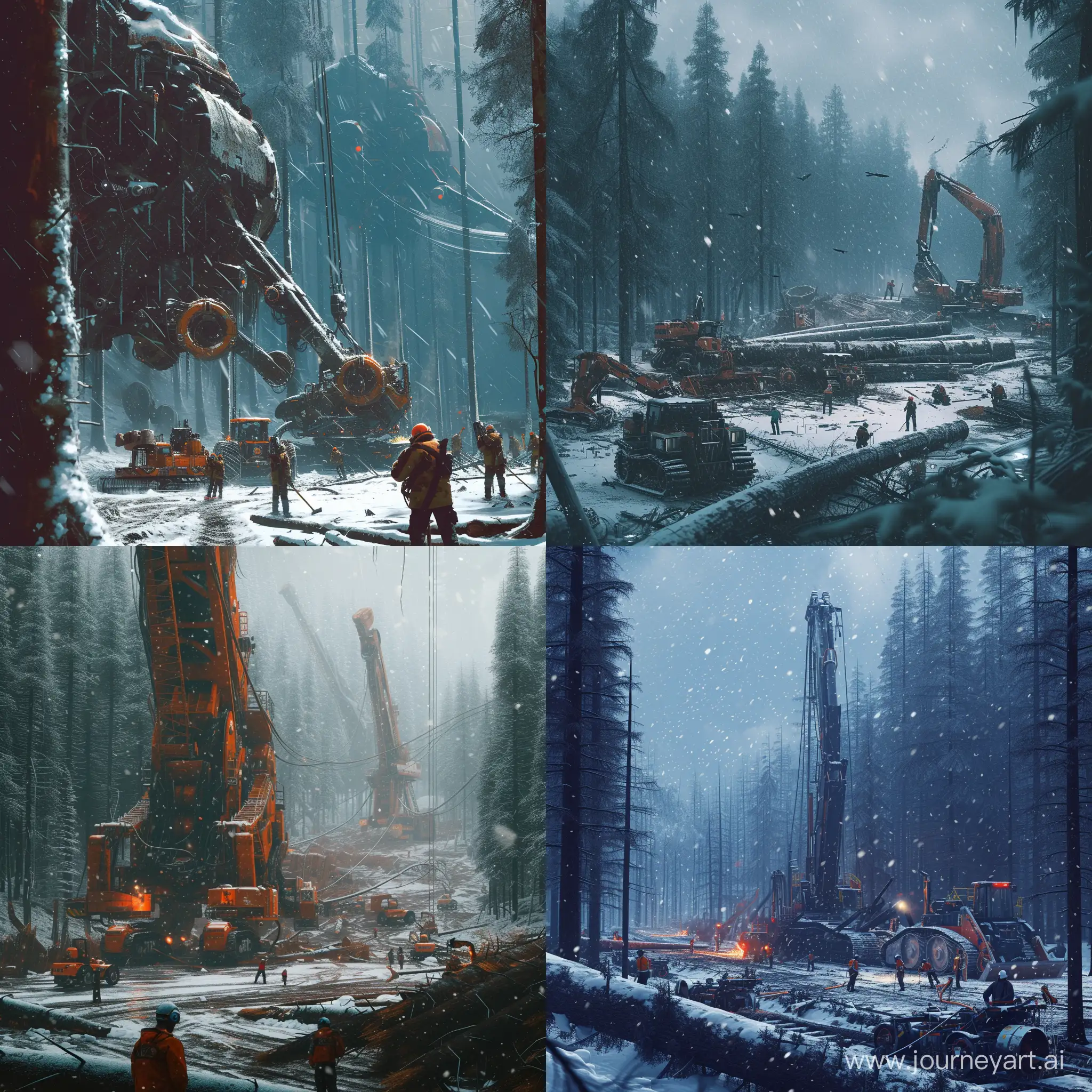 лес, производство, киберпанк, снег идет, люди работают в этом лесу, большие машины валят лес