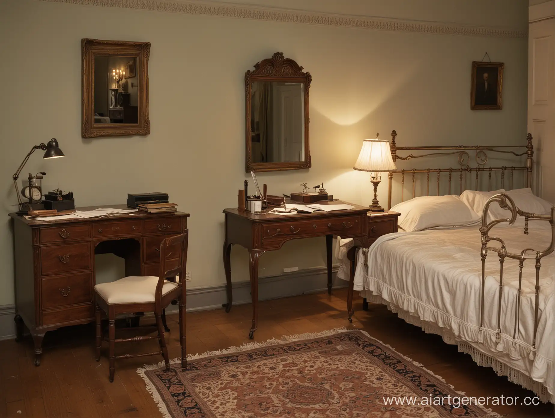 фото спальной комнаты в поместье 19 века ночью
с небольшим столиком для письма 