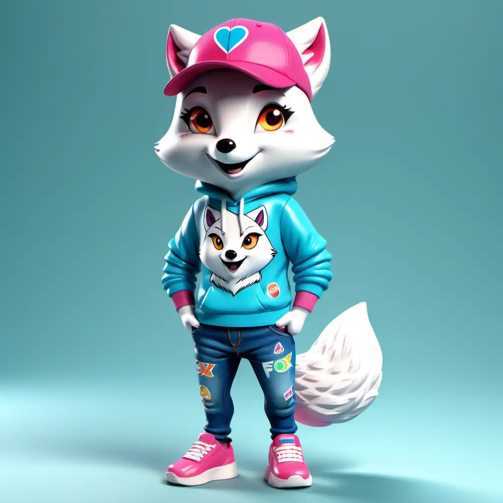 Smiling Arctic Fox in Colorful Attire Pop Mart Style Cartoon Character