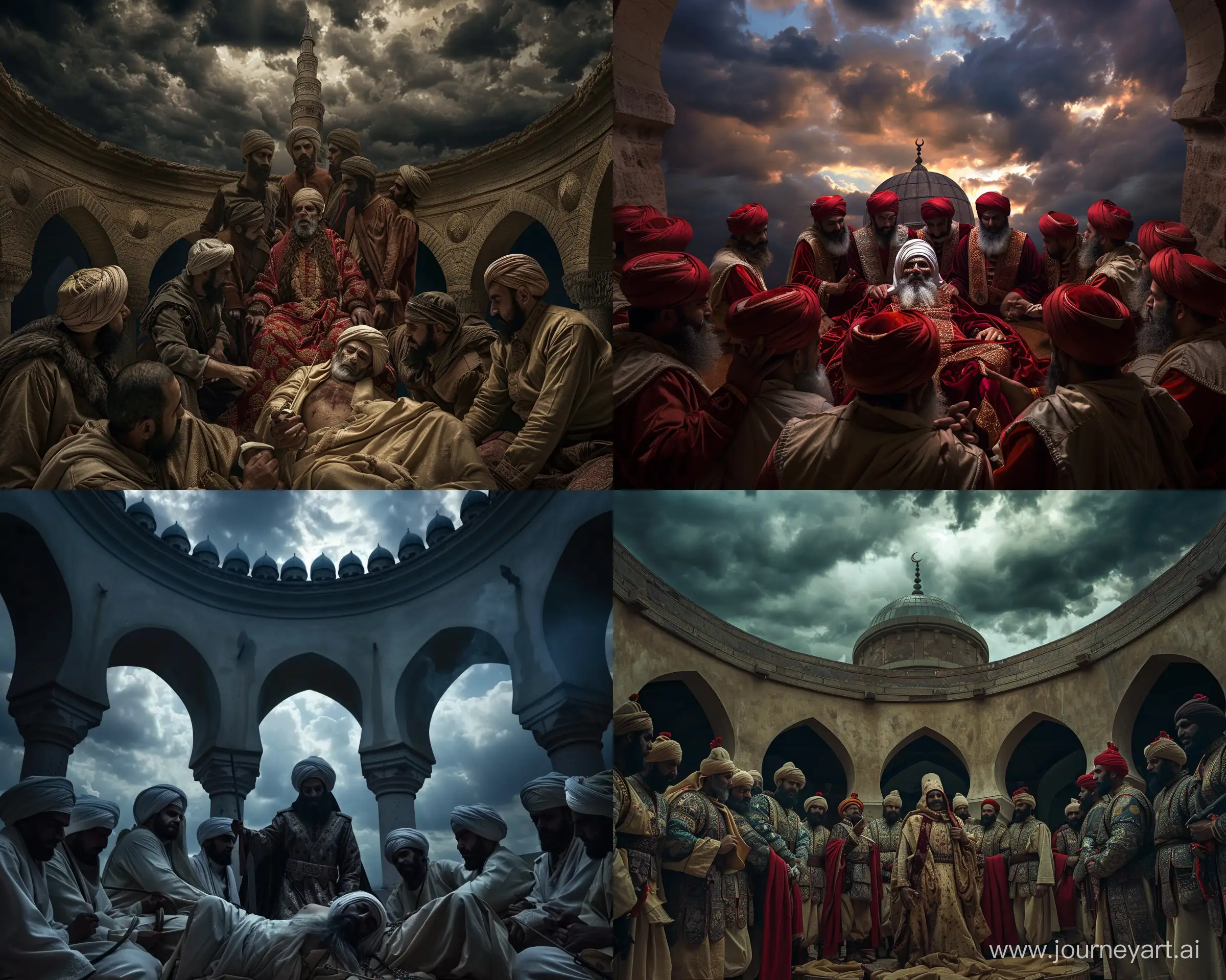Ethereal-Scene-Fallen-Prince-Amidst-Ottoman-Janissary-in-Nighttime-Minaret-Hall