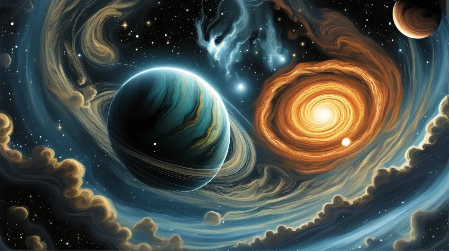 
Illustrate a gas giant with swirling, luminescent storms, featuring intricate cloud patterns that tell the story of its tumultuous atmosphere in the vast expanse of the universe