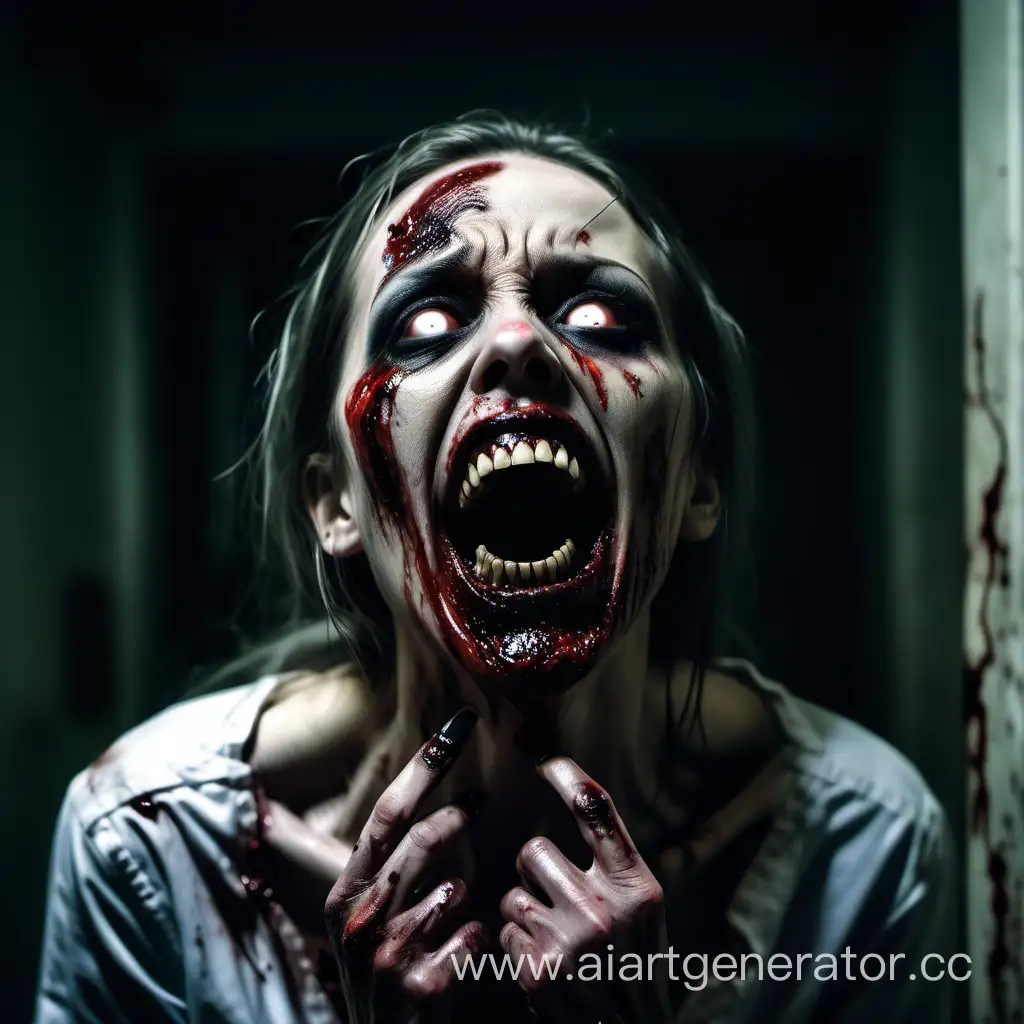 You are attacked by a zombie woman with long curved black nails, she looks like a dead man, her open mouth exposes a row of razor-sharp teeth, blood on her face, her eyes are dark red, the scene takes place in a dark room by the light of a dim lamp, an abandoned hospital - a zombie woman with long curved black nails attacks you, she looks like a dead man, her open mouth shows a row of razor-sharp teeth, the scene takes place in an abandoned hospital building. The whole scene is dimly lit.