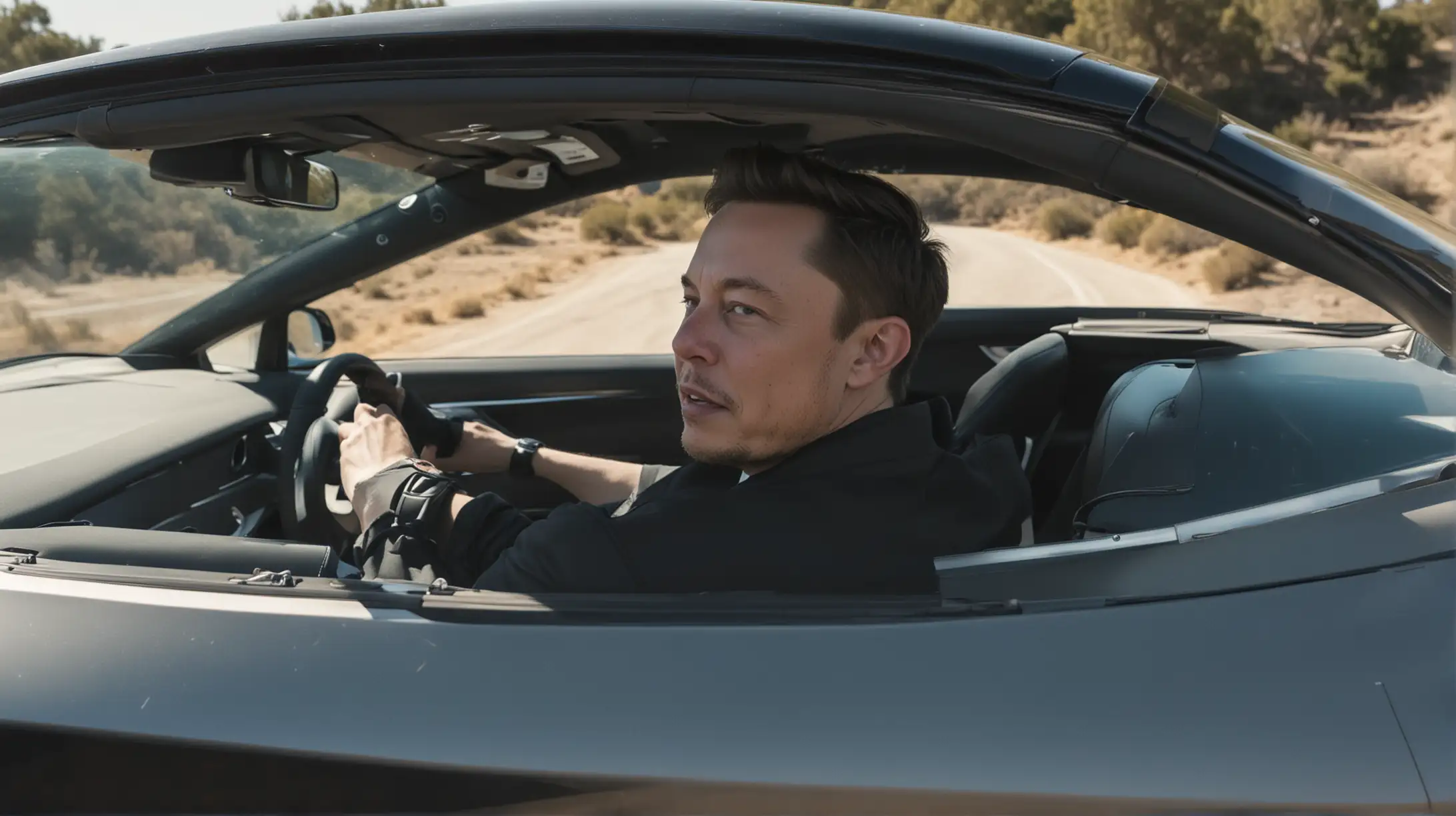 elon musk driving his car. back view

