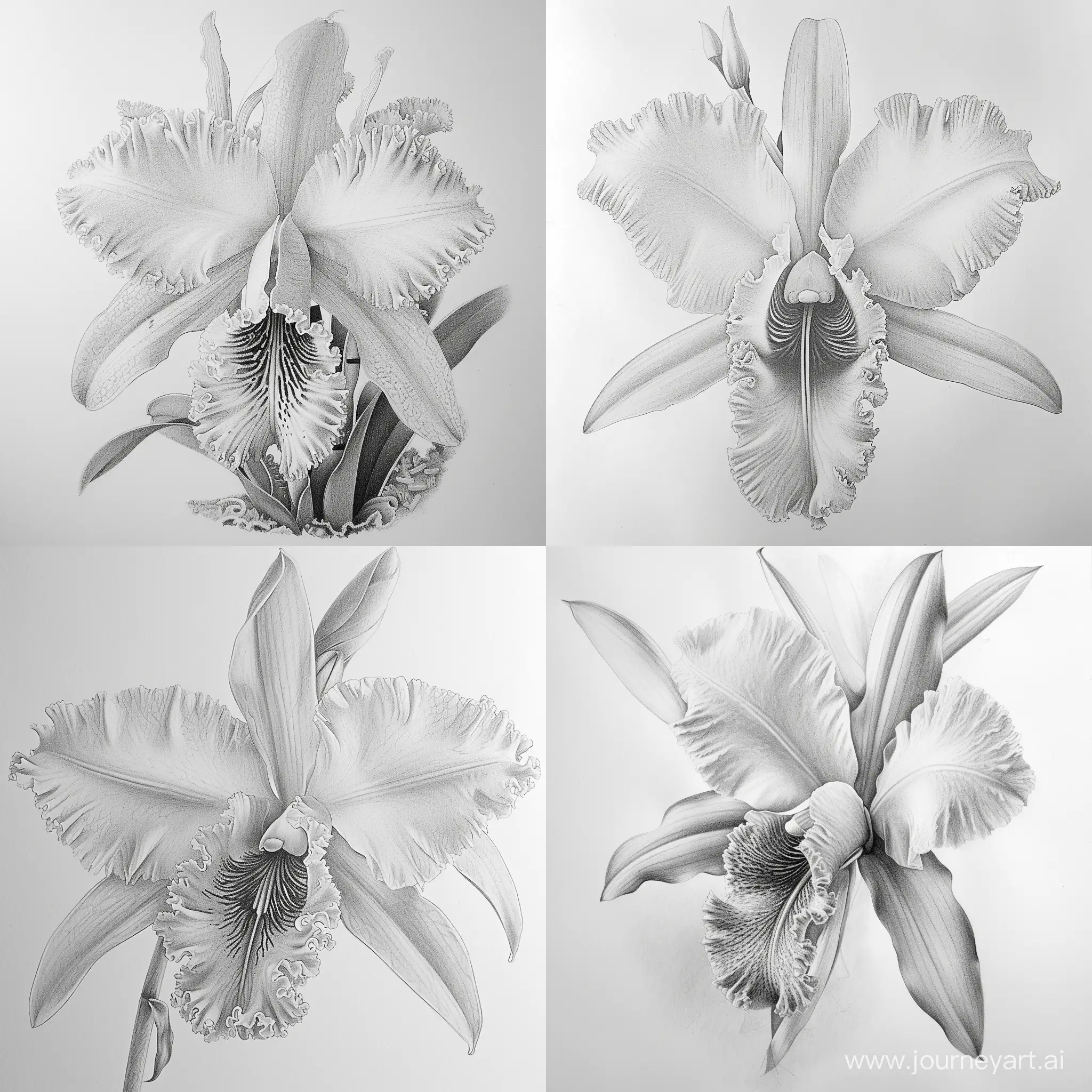 "Create a high-definition pencil drawing of a stunning orchid flower. The image should capture the intricate details of the orchid's delicate petals and its unique structure. The orchid should be the focal point, with its petals displaying a range of soft and subtle textures, showcasing the flower's elegant form and natural beauty. The pencil strokes should be fine and precise, emphasizing the flower's fine lines and shading, giving it a realistic and three-dimensional appearance. The background should be minimalistic or plain, ensuring that the orchid stands out as the main subject. The overall tone of the drawing should convey a sense of serenity and natural elegance."