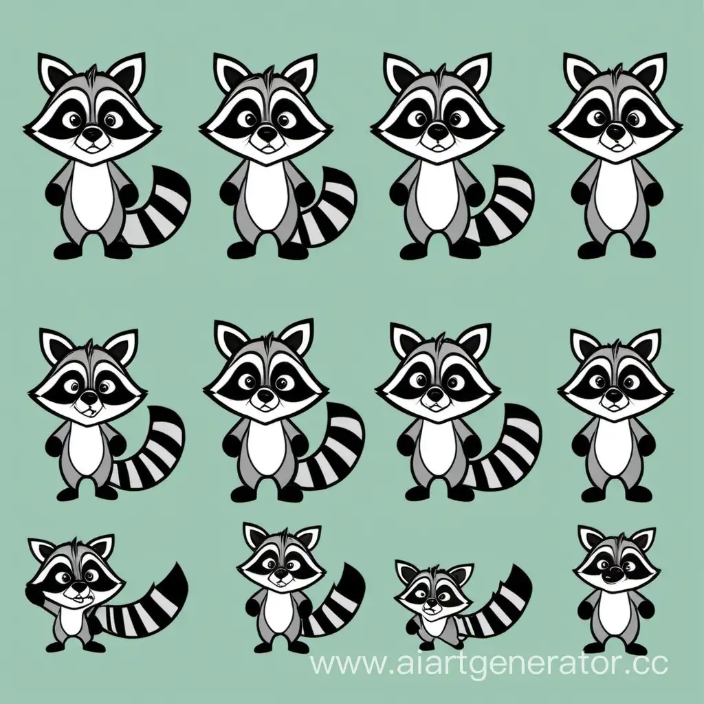 Layout of a simple raccoon character for 2D animation in cartoon style 