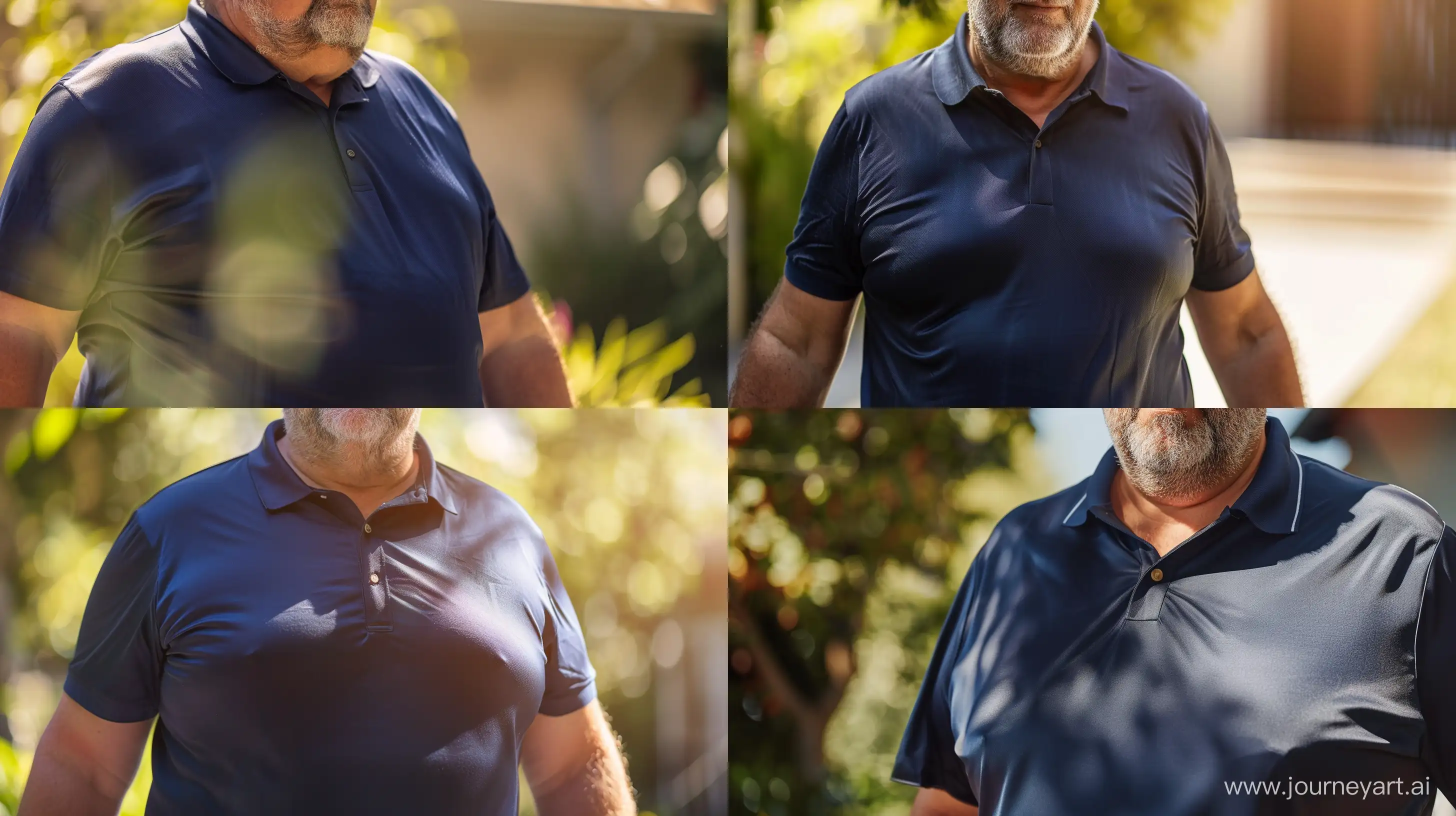 Close-up photo of a fat man aged 60 wearing a silk navy polo shirt. Walking outside. Natural Light. --style raw --ar 16:9