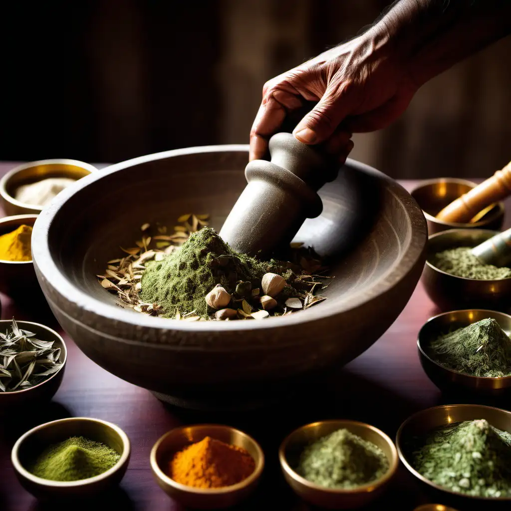 herbs being crushed in a pestle and mortar, by an indian saint in a ancient ayurvedic setup with serenity and tranquility