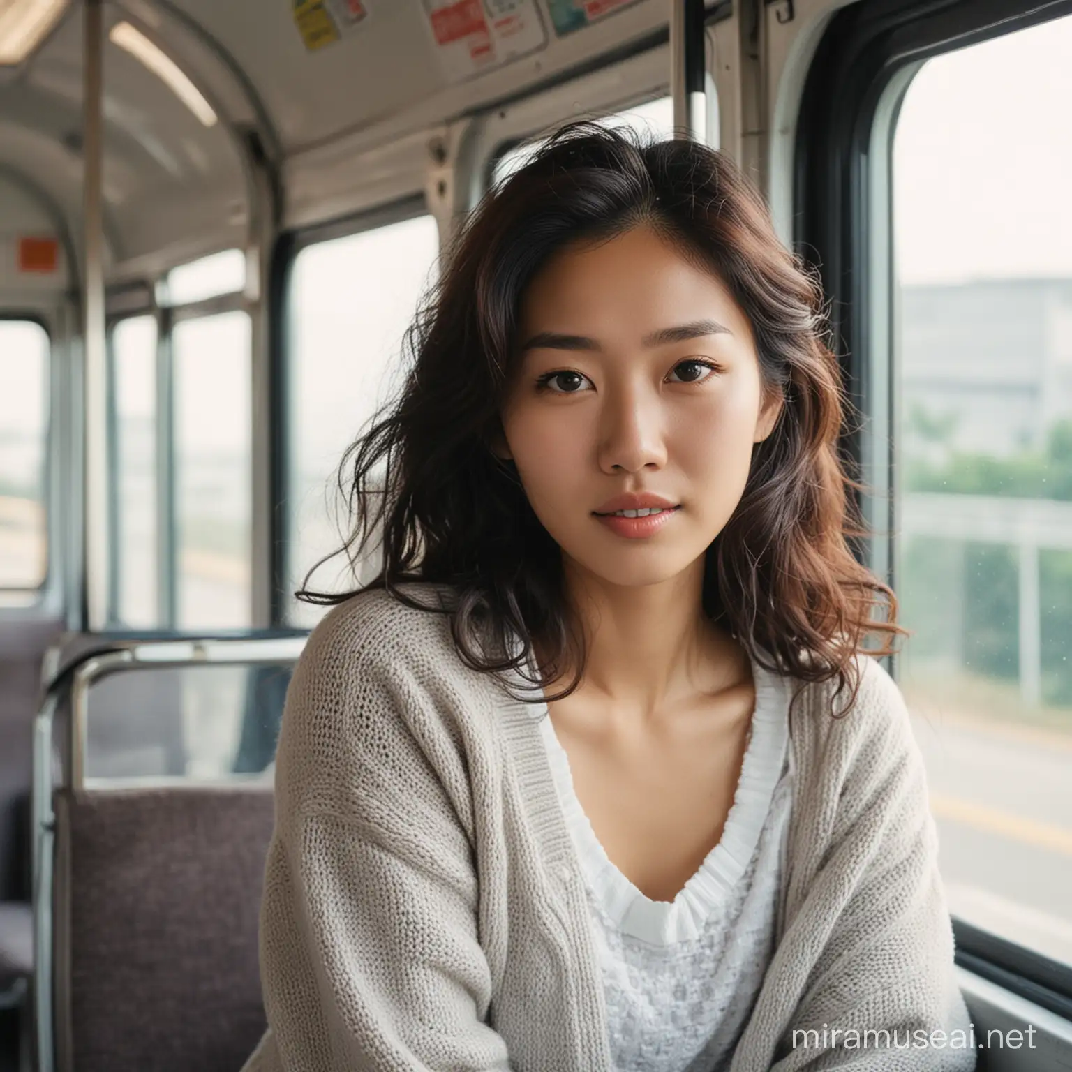 abeauty asian woman, wavy hair, knit clothe, sitting, inside bus, morning