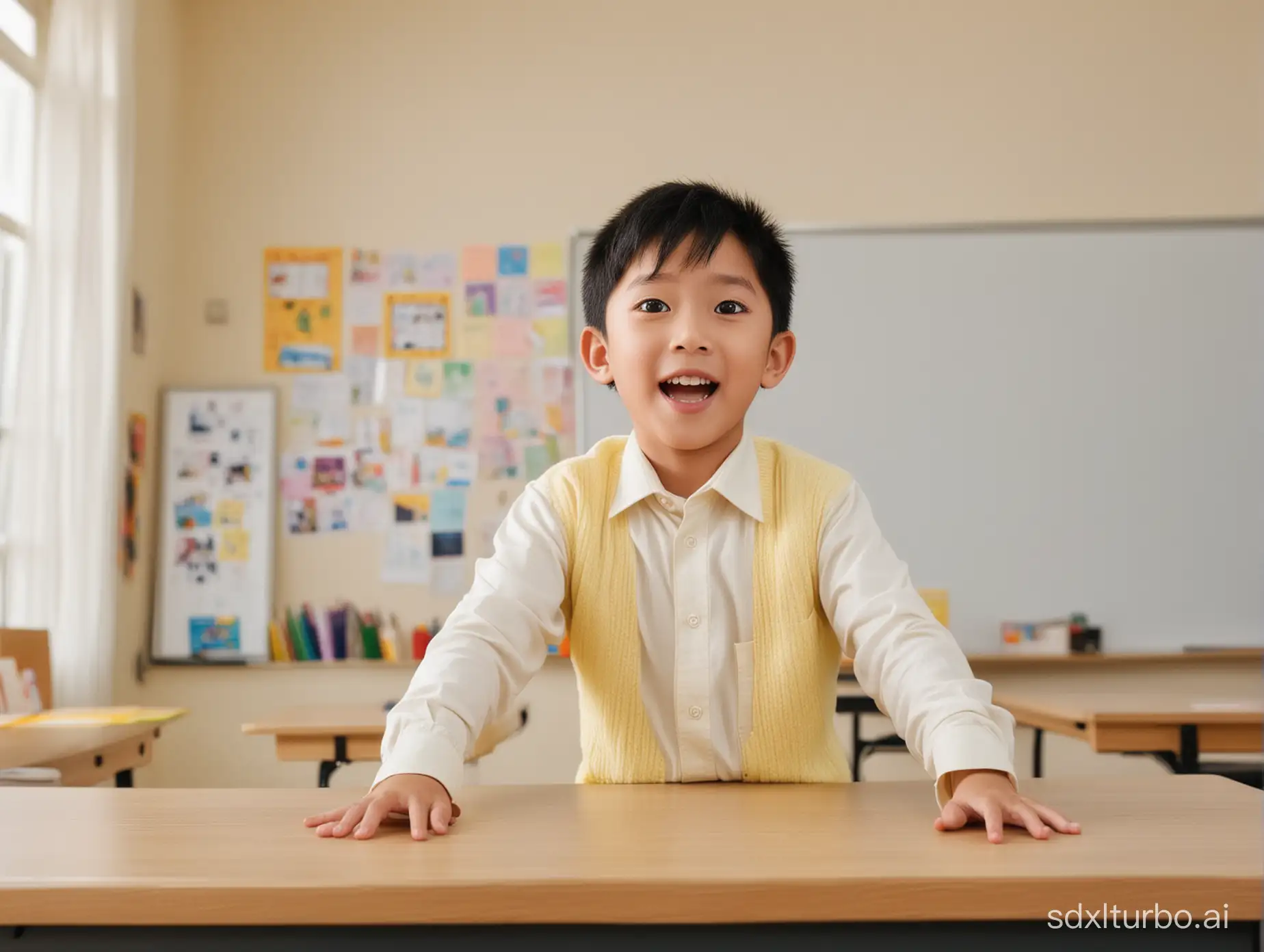 一个非常可爱的，东方小男孩，7岁，黑头发，黄皮肤，大大的眼睛，非常调皮，在教室里，老师的讲桌上，手舞足蹈