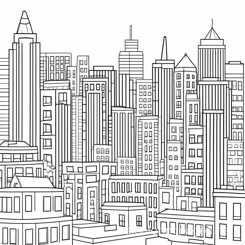 cityscape, Coloring Page, black and white, line art, white background, Simplicity, Ample White Space. The background of the coloring page is plain white to make it easy for young children to color within the lines. The outlines of all the subjects are easy to distinguish, making it simple for kids to color without too much difficulty