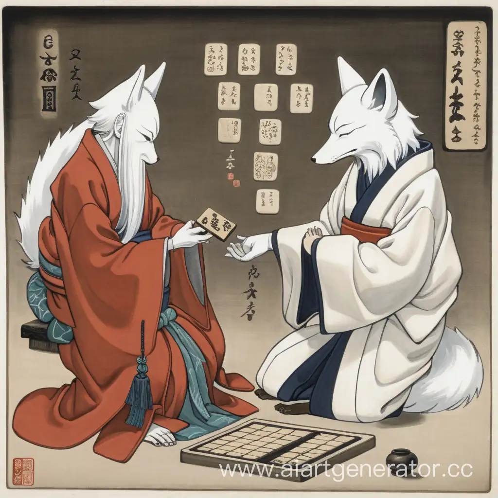 Белый лис Ёкай с человеческим телом, играет в сёги с мудрым стариком