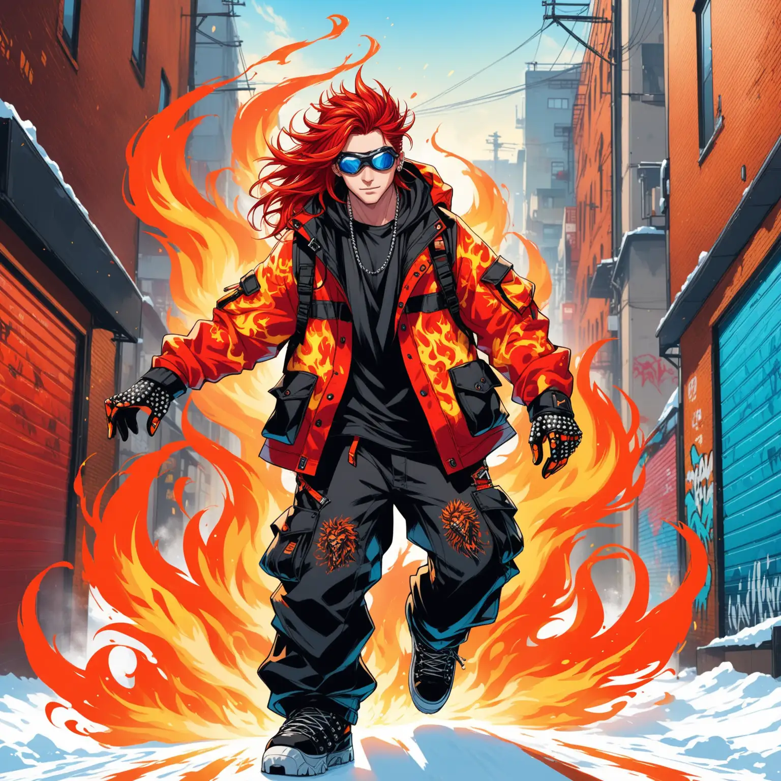  He's got the looks of a rockstar with a touch of rebellion. Sporting a wild mane of fiery red hair that seems to dance in the wind, his intense blue eyes gleam with the thrill of the ride. His attire is a mix of urban street style and high-performance gear - think baggy cargo pants paired with a sleek, flame-patterned snowboarding jacket adorned with graffiti-inspired designs. He rocks edgy accessories like studded gloves and chunky goggles that reflect the blazing inferno within him.