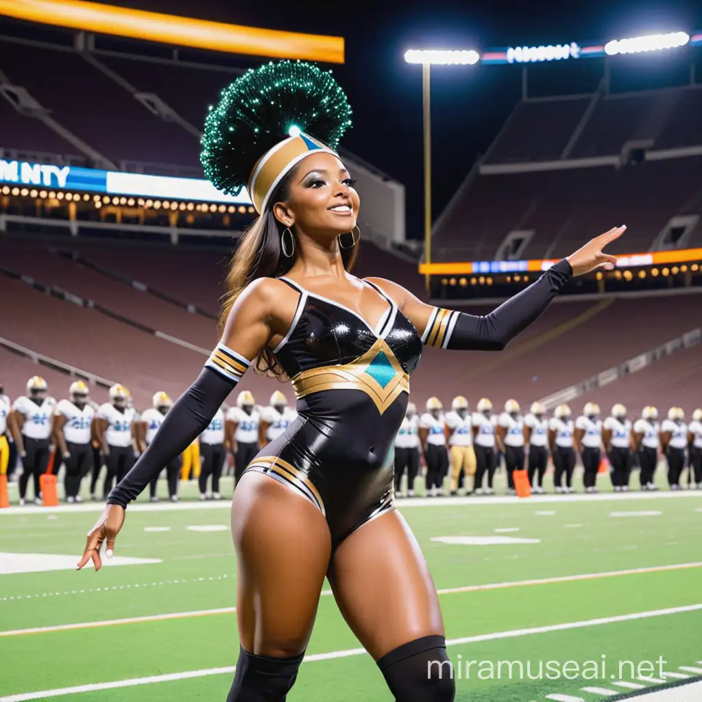black majorette wtih nothing on her head dancing on 50 yardline  in nfl type  football stadium with lots of lights