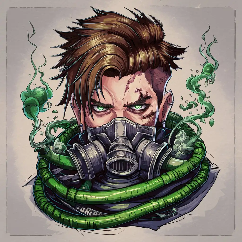 Male face with green poison tubes around his neck, gas mask in his mouth, injured hair, messy pomp style brunette, smiling, green eyes with shining eyes, poisonous smoke coming out of his mouth, drawing style lague of legends arcane  
