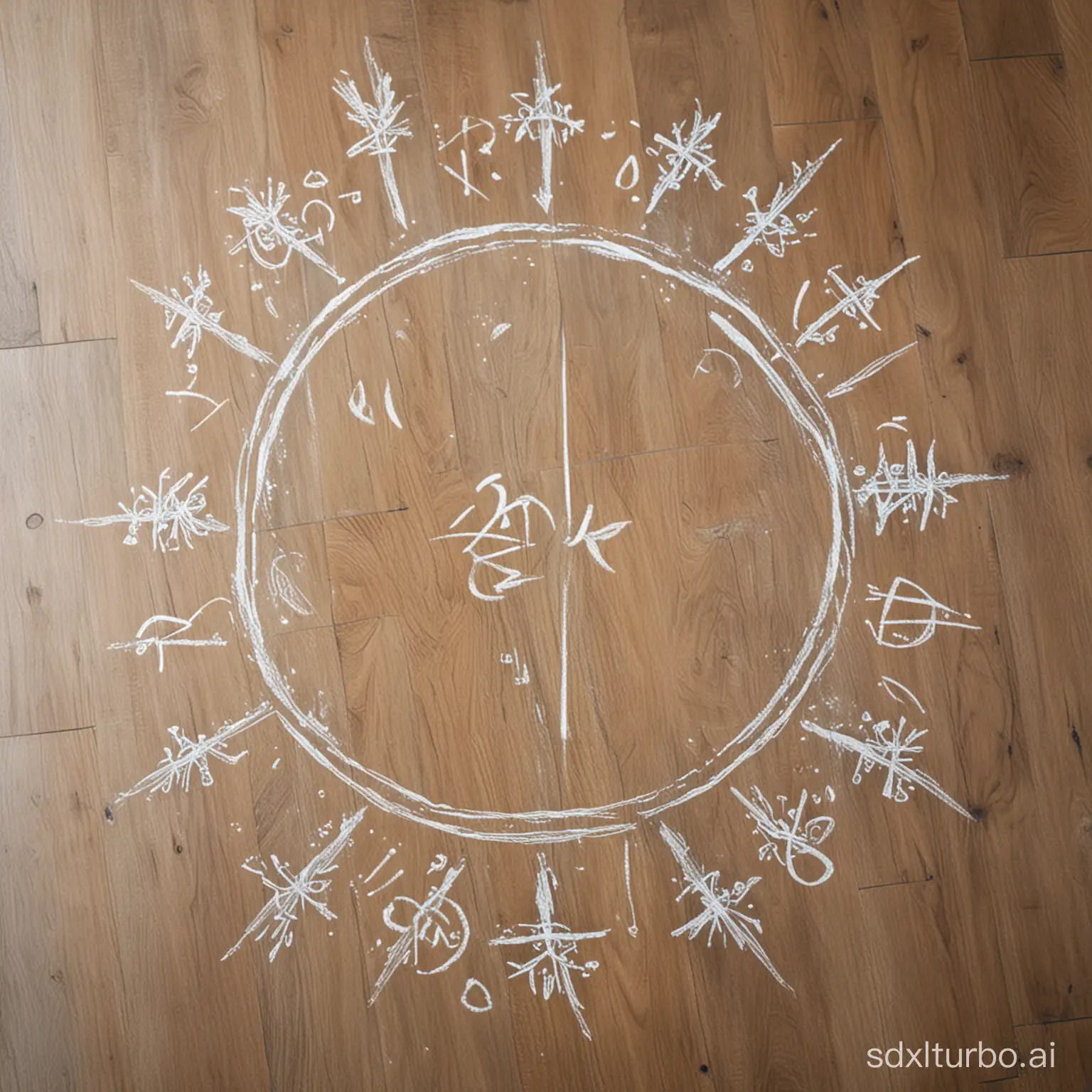 a circle of chalk on a wooden floor. Around this circle, several runes that evoke cold in Nordic. Several runes around the circle.