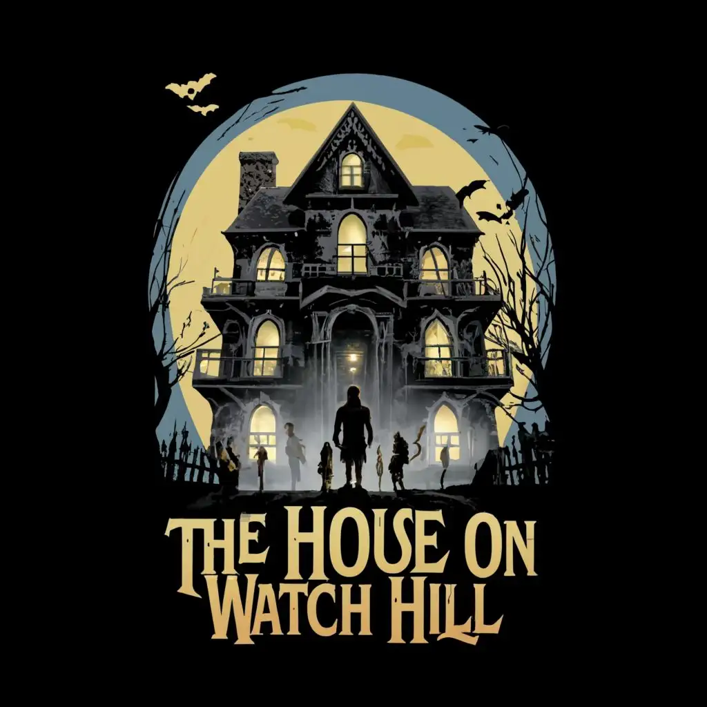 a logo design,with the text "The House on Watch Hill", main symbol:Teens Standing outside a big House that has been turned into a haunted house,complex,be used in Entertainment industry,clear background