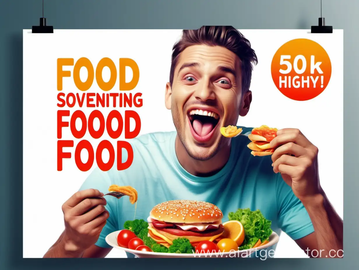 Advertising poster selling food, a man happily eating something, some text, bright colors, realistic picture, highly detailed picture, 4k