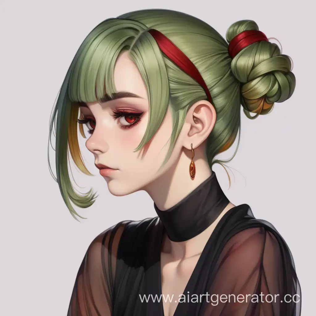  A female with olive green hair tucked into one bun, pensive, amber eyes, wears a dark black-red dress