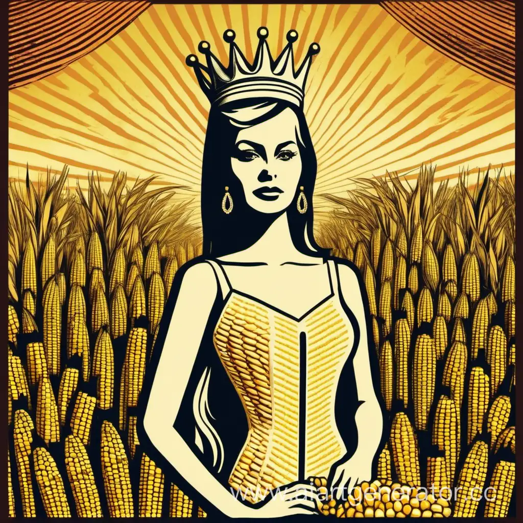 плакат где изображена кукуруза в виде царицы в стиле 60-х годов