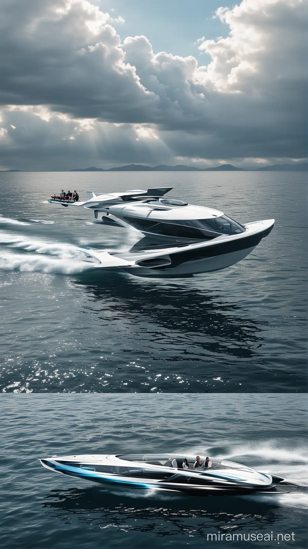 Futuristic Electric Hydrofoil Boat Gliding on Turquoise Waters