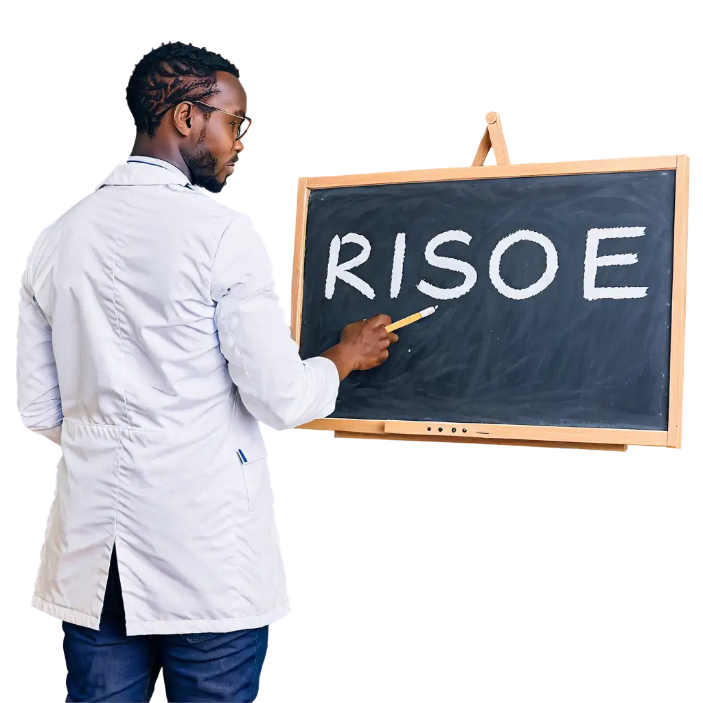 An african man wearingawhite coat writing the word riso on a blackboard