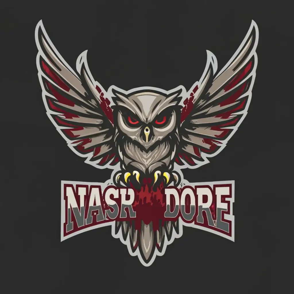 a logo design,with the text "nashr dore", main symbol:Make a realistic owl sports logo. Make the owl bloody, make it blur gray and white,complex,clear background