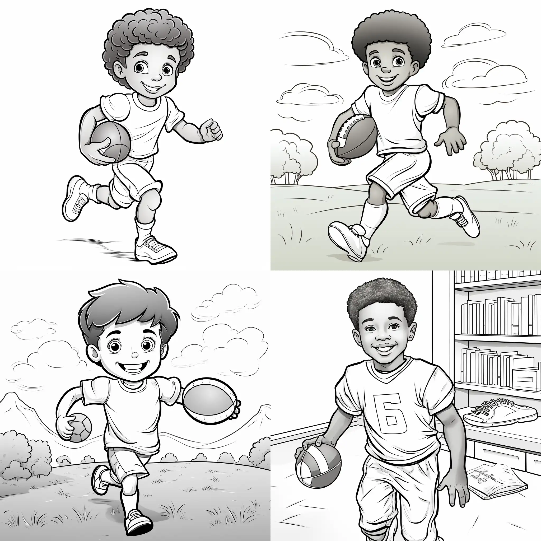 Black and white contour black boy playing football cartoon for colouring for kids age 5-8 cute