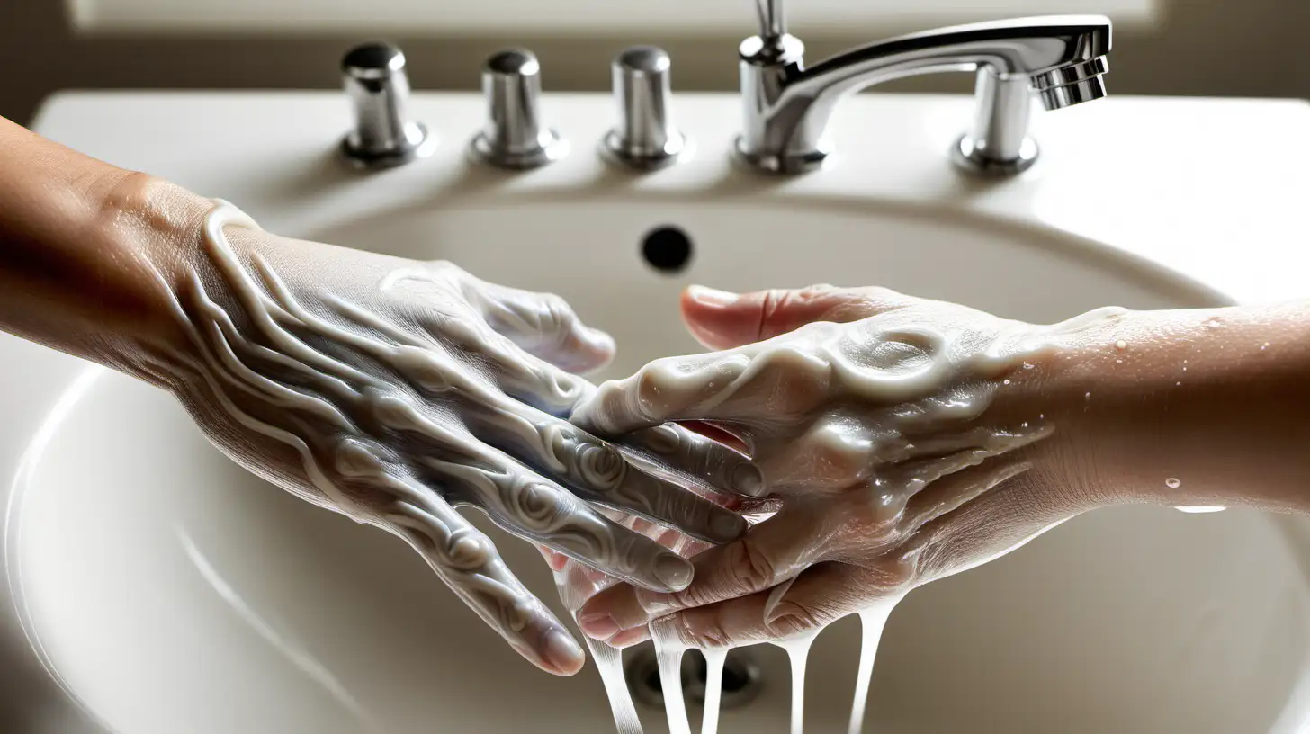 Highlight the intricate details of fingers intertwined with lathering soap during a handwashing routine.