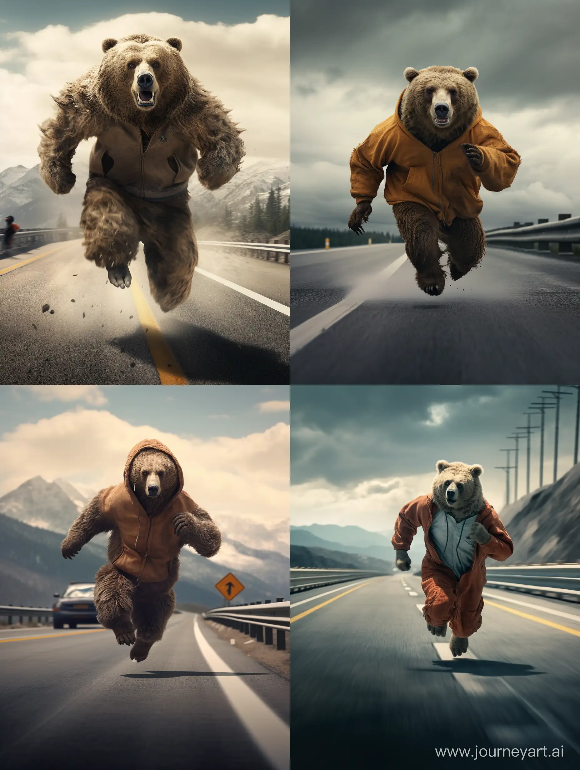 bear running in highway and wearing jacket and pants. 8k,midjourney
