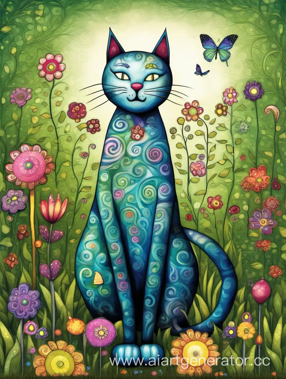 create, a whimsical big tall thin cat.  They are in the whimsical  garden.