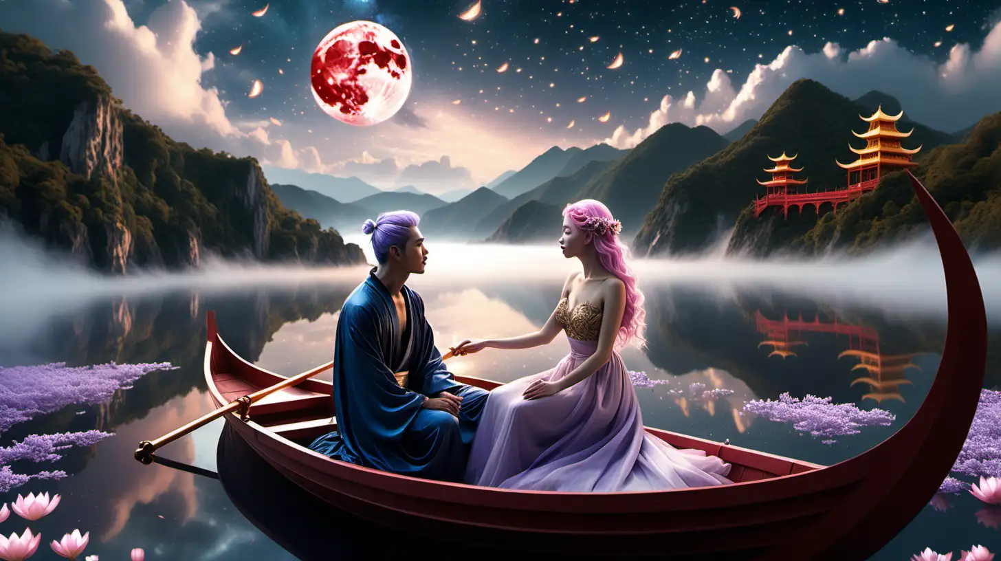 "Create a mesmerizing hyperrealistic cinematic render with soft lighting, portraying a dreamlike scene of a young couple on a wooden boat suspended in the sky amidst a sea of clouds. Picture a stunning 22-year-old woman with light pink hair adorned with blue and white flowers, dressed in a long light-lavender sheer dress, and a handsome 25-year-old man in a black robe with intricate gold designs. The couple is lovingly gazing at each other, with the man rowing the boat as they float among mountains, a red bridge, and a cliff-side temple. The night sky is filled with a galaxy of stars and a majestic glowing moon. Illuminate the sea of clouds with glowing lotus flowers and fireflies to enhance the magical, ethereal, whimsical, and surrealistic atmosphere. Capture the essence of romance in this fantastical celestial setting."