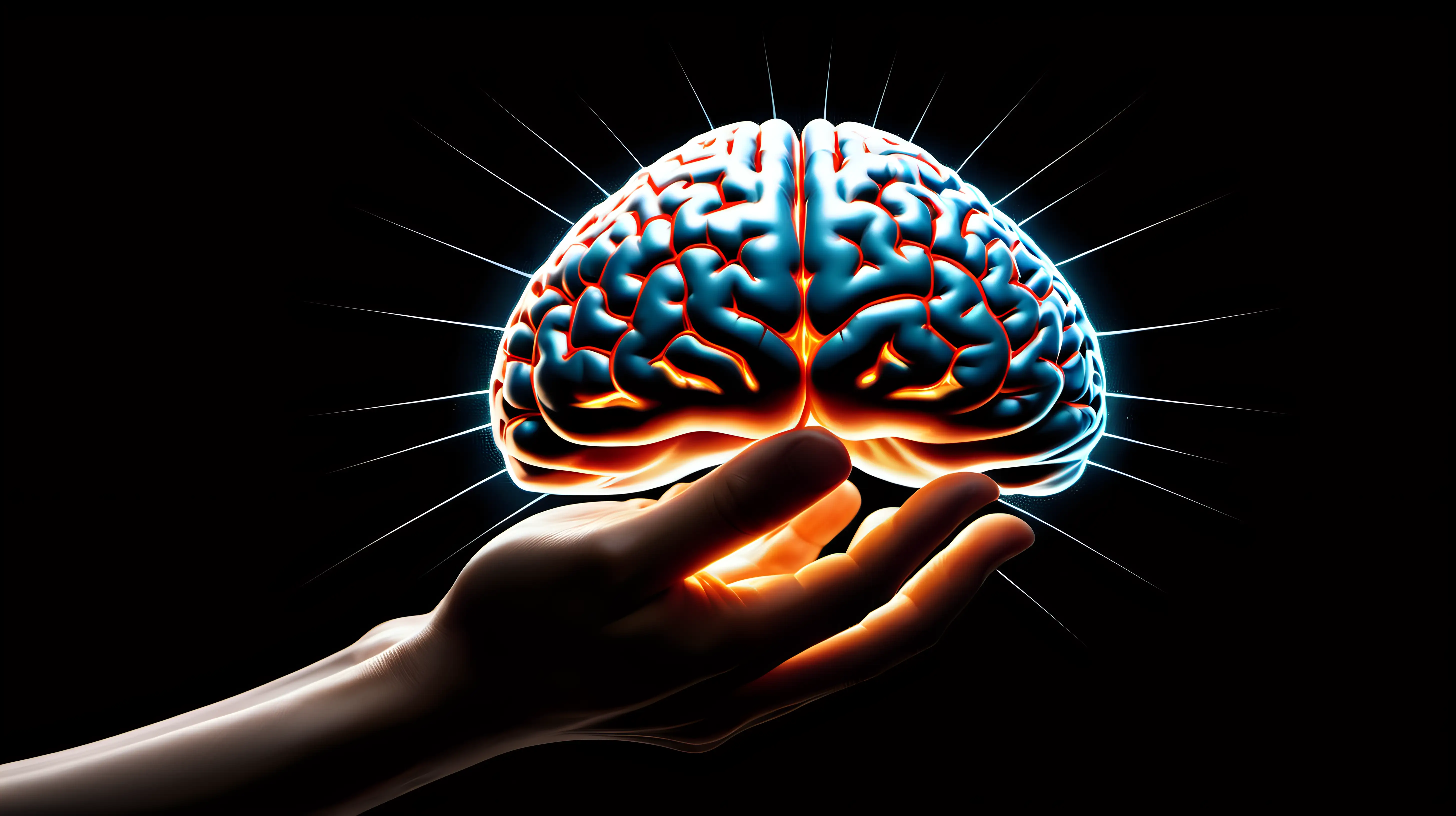 Emphasize the connection between a person and the pulsating, radiant brain they hold in their hands, set against a black background to intensify the focus on brain health and care.