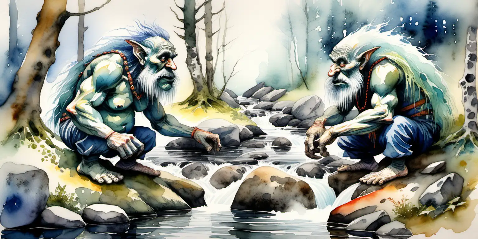 watercolour painting of  two graceful
 folklore trolls in Norway  in ancient  forest with huge boulders & a stream