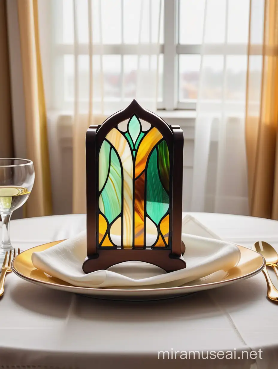 Art Nouveau Stained Glass Napkin Holder on Table with Organza Curtains
