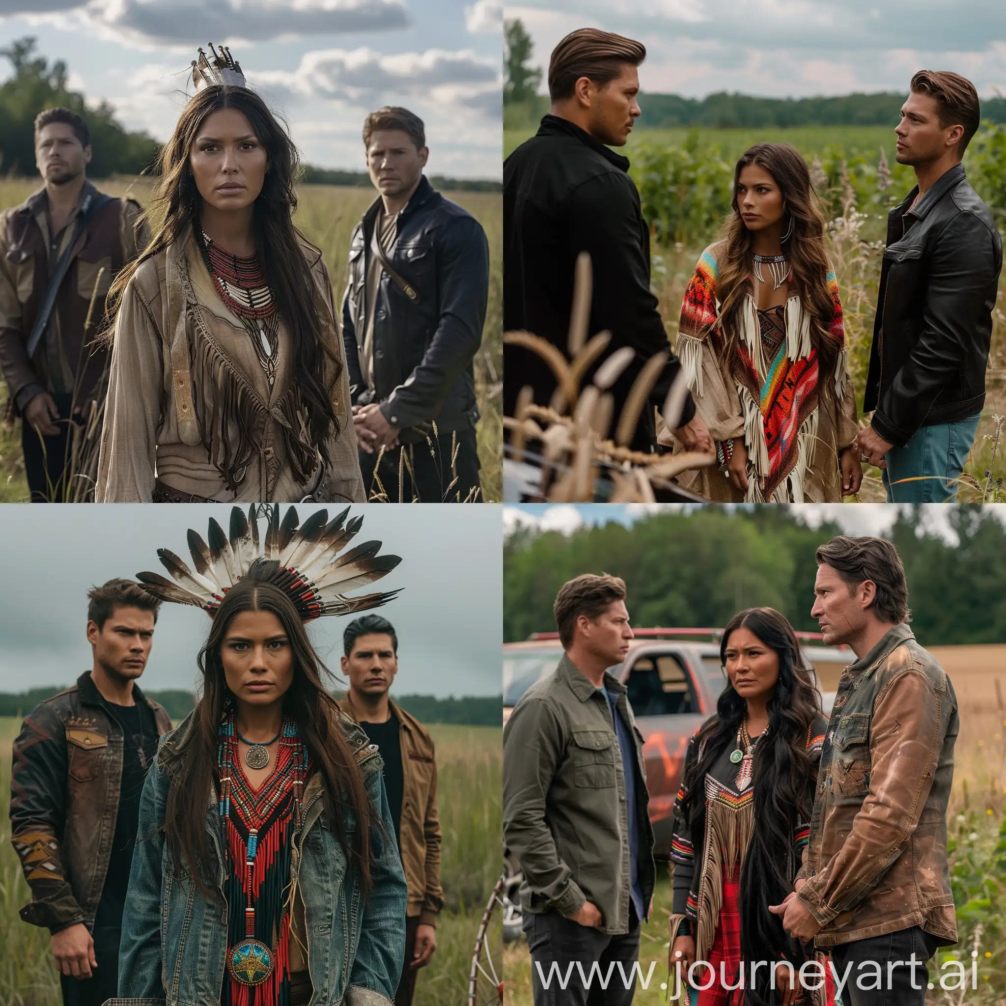 native american woman, supernatural tv show, in a field, two attractive men standing by her, auto shop