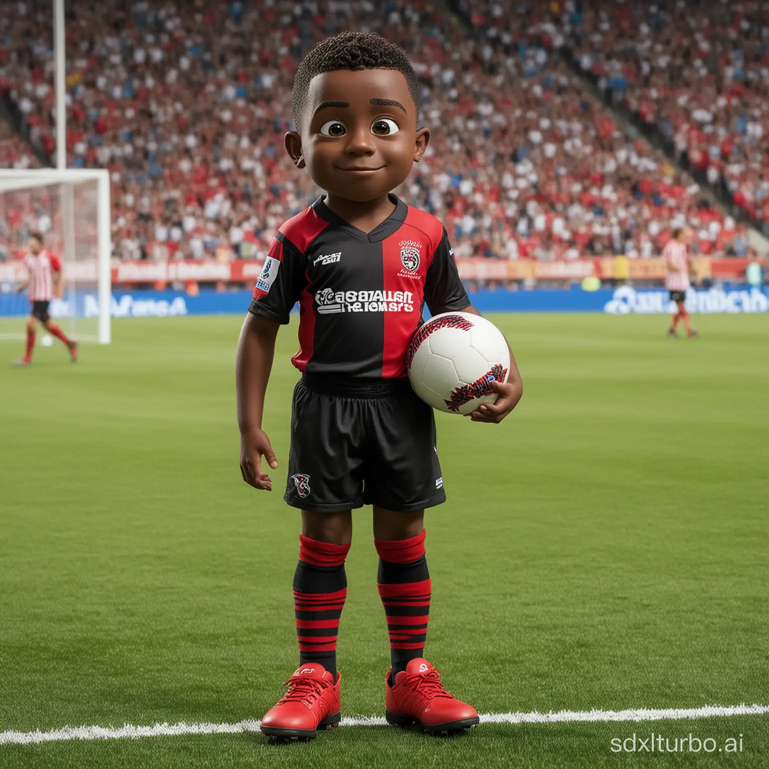 A little dark-skinned guy, like a football mascot, with a ball under his arm, wearing a uniform, where the shirt is red with black stripes horizontally, and black shorts with a red stripe on the side, and red socks with black stripes horizontally, with blue football boots, in a football stadium