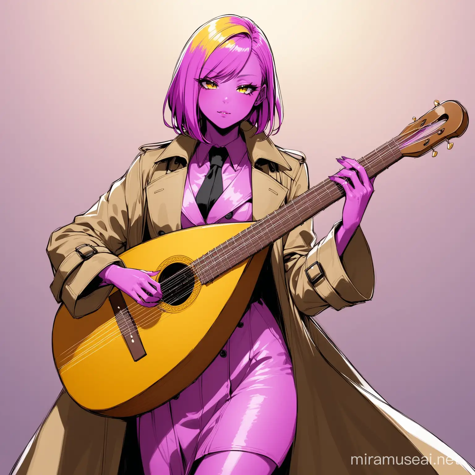 Female Musician Playing Lute in Vibrant Trench Coat