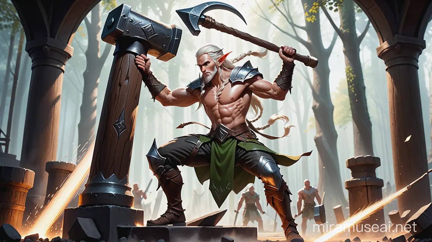 In a fantasy setting, A tall strong wood elf swings a large hammer over his anvil in a white coloured male powerful god forge.