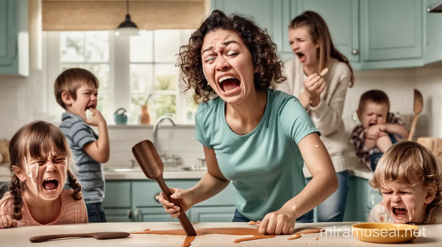 image of woman with a spatula and crying kids in the background
