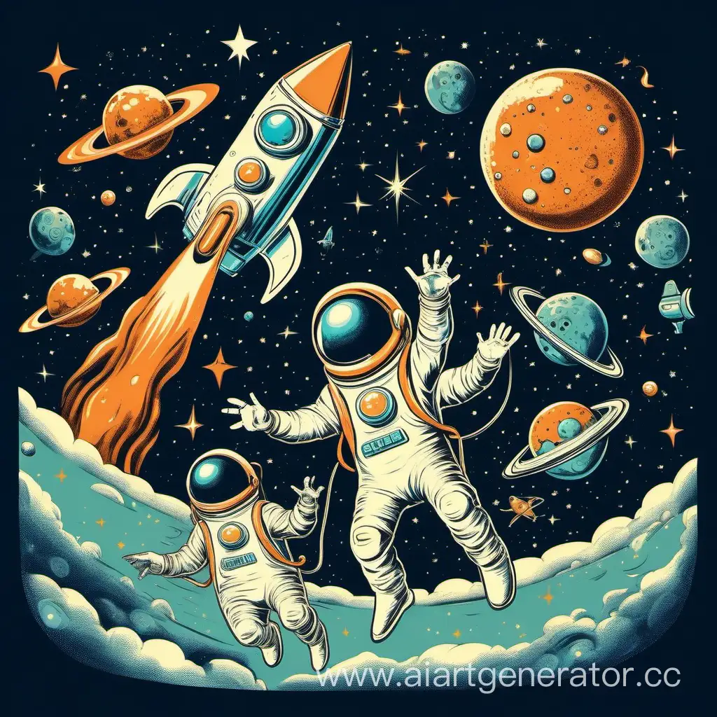 Create a whimsical vintage-style illustration featuring a group of space-traveling animals embarking on a cosmic adventure. The scene should be humorous, with animals dressed in retro space suits, riding rockets, and engaging in comical space activities. Incorporate a funny space-themed text that adds to the playful nature of the design.