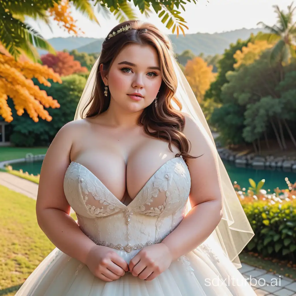 Chubby beautifful young woman wearing a wedding gown,big boobs and a nature background