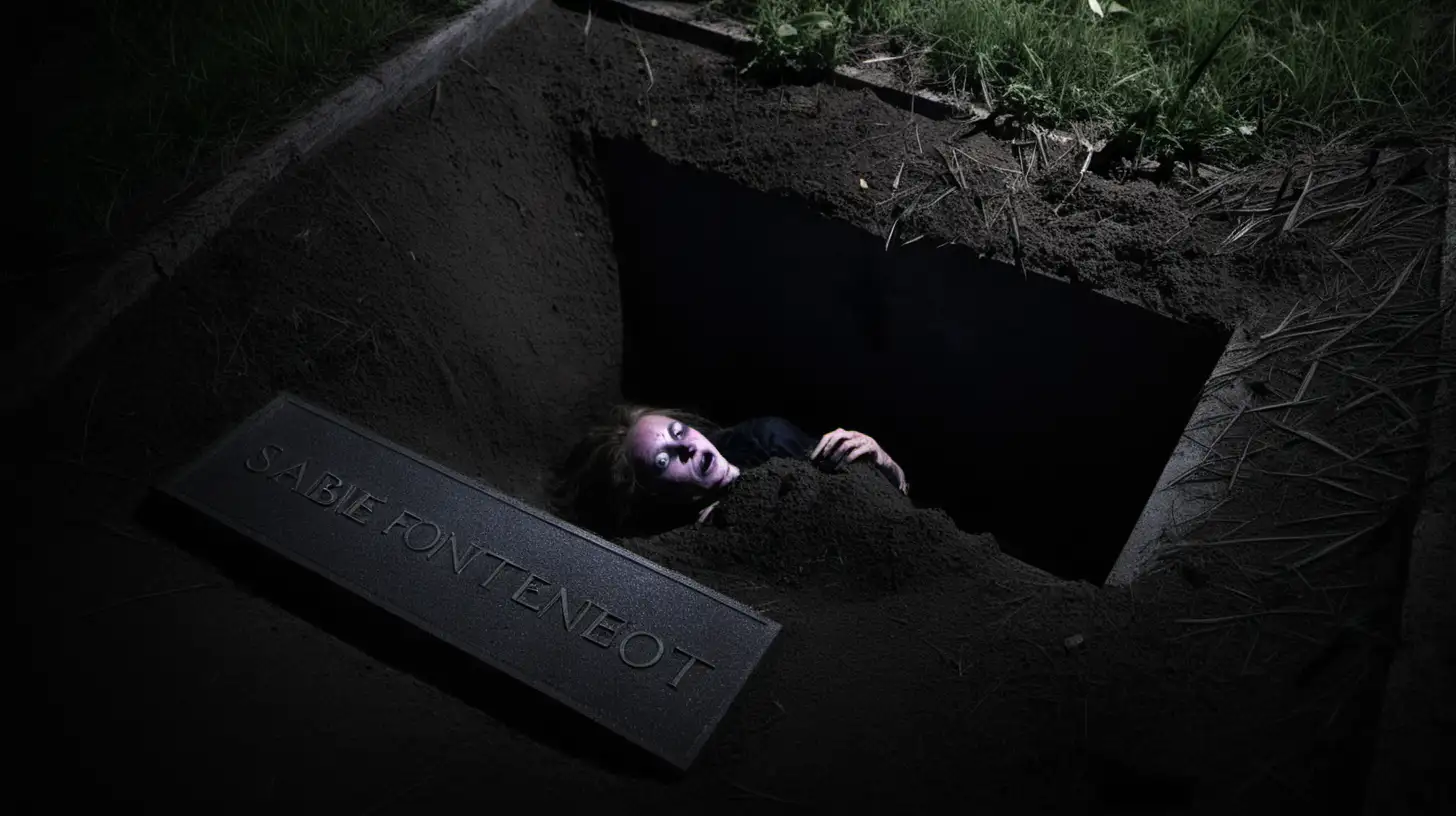  It's a dark night a woman falls into a 
freshly dug open grave at the base of the tombstone of "Sabine Fontenot".