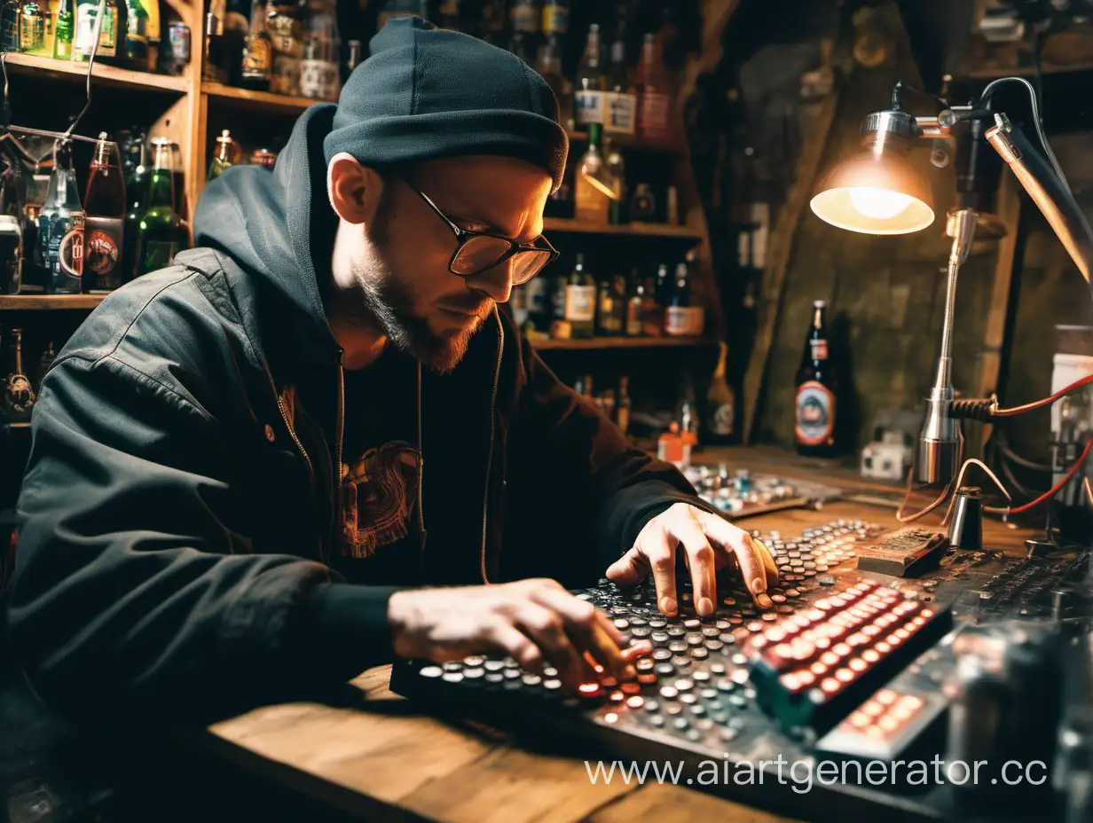 a thirty year old alchemist, pushing buttons on the mpc, drinking beer in his workshop