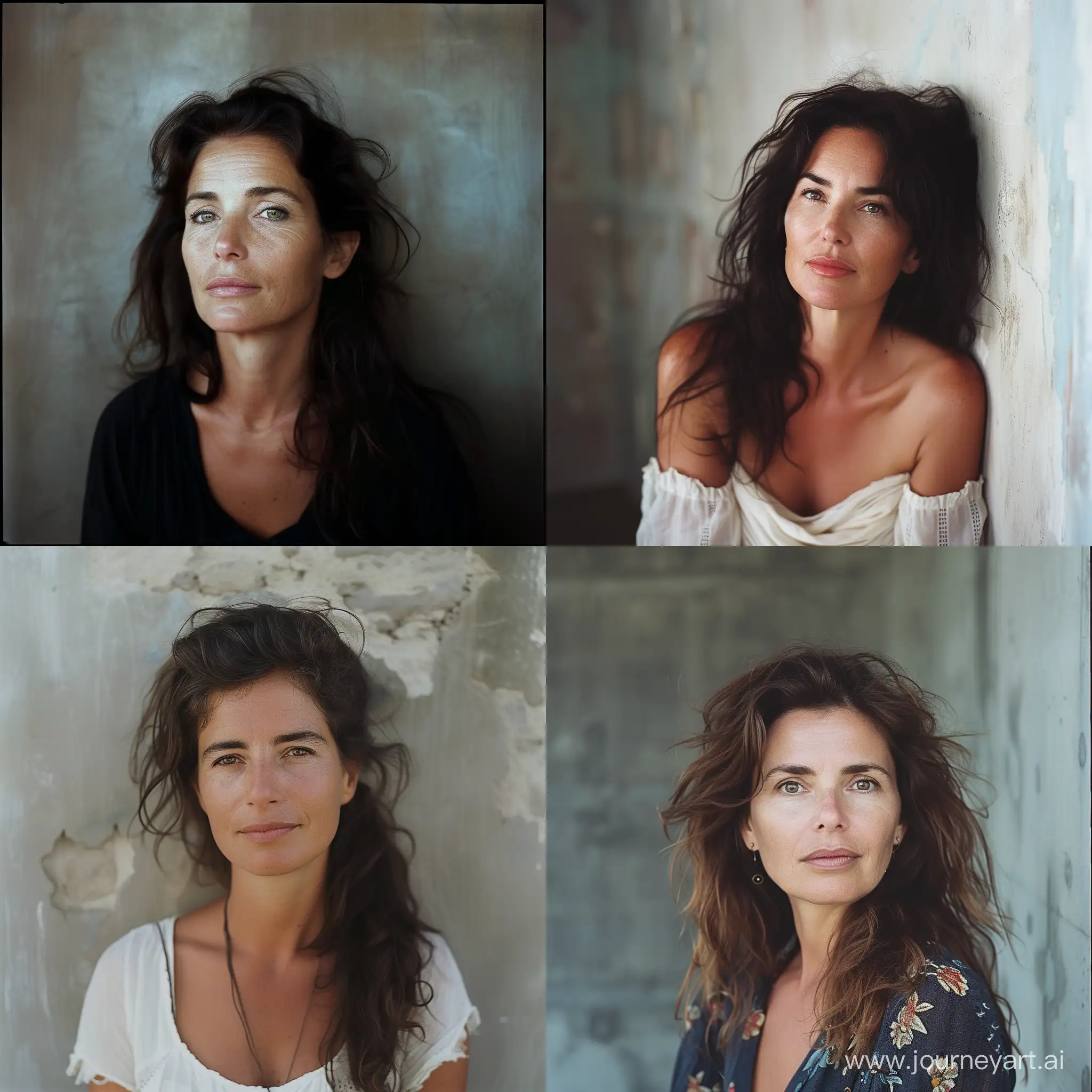 Intimate photographic portrait of an attractive 40 years old Spanish woman, in front of a flat wall, playful hair, peaceful and joyful expression, deep and captivating eyes, looking at camera, eye contact, summer gentle light, cinematic style, shot with Fujicolor Pro 400H::3 by Georg Baselitz ::2 --style raw