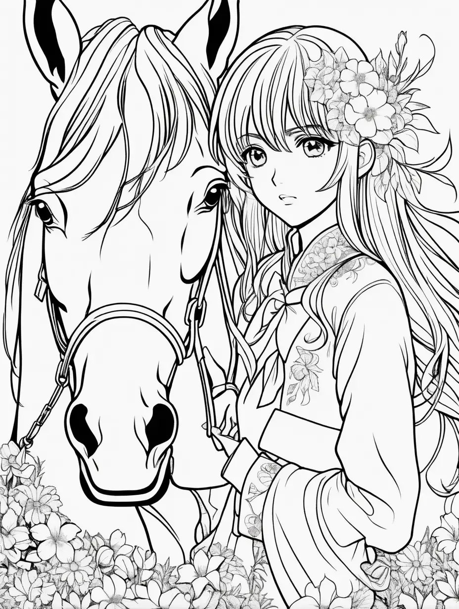 adult coloring page, young manga-anime-girl with a horse and flowers, white background