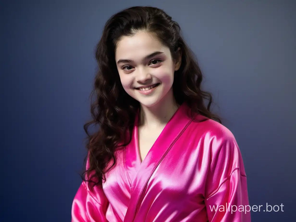 Yevgenia Medvedeva with her hair down in a bright pink silk robe smiles