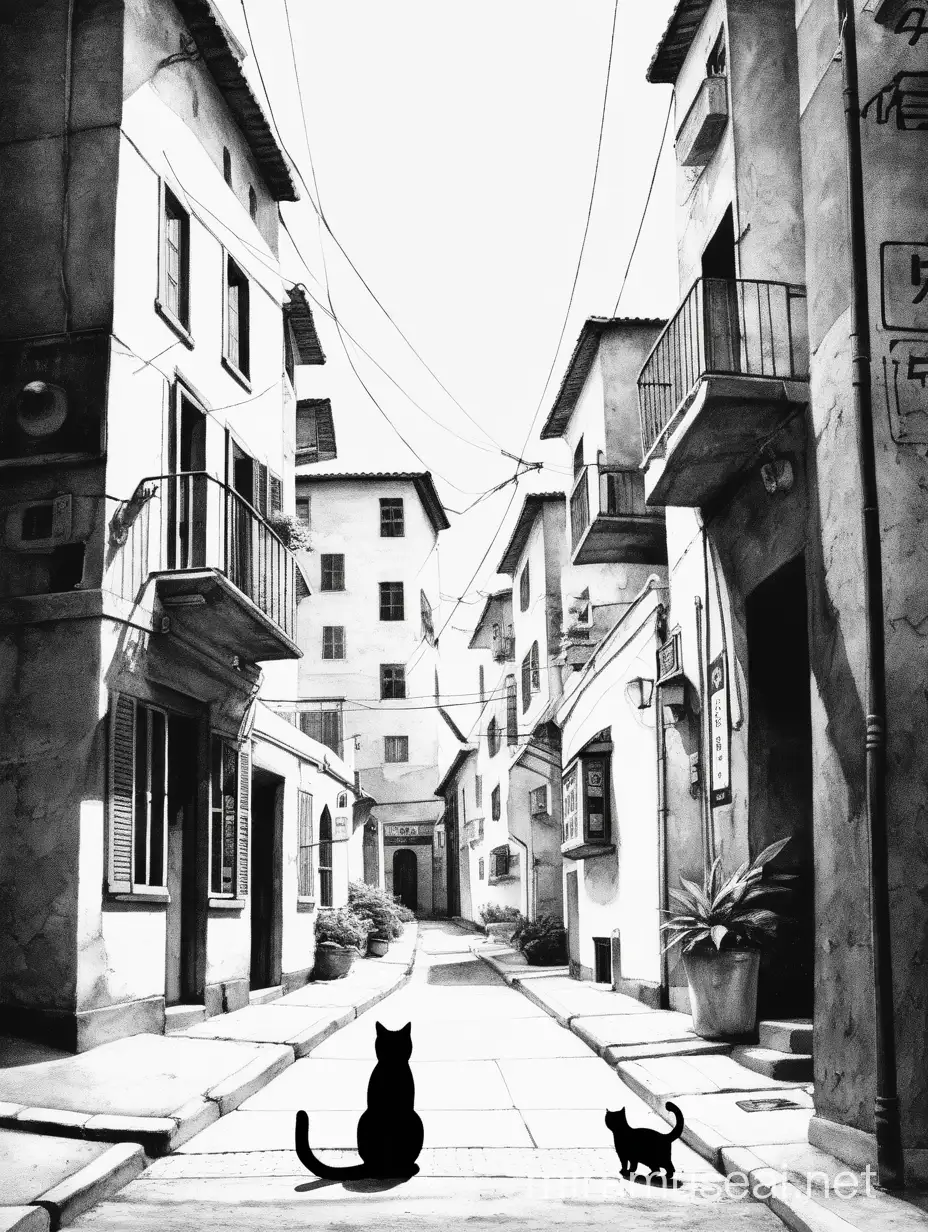 a simple city landscape with a cat in the middle of the picture, monochrome