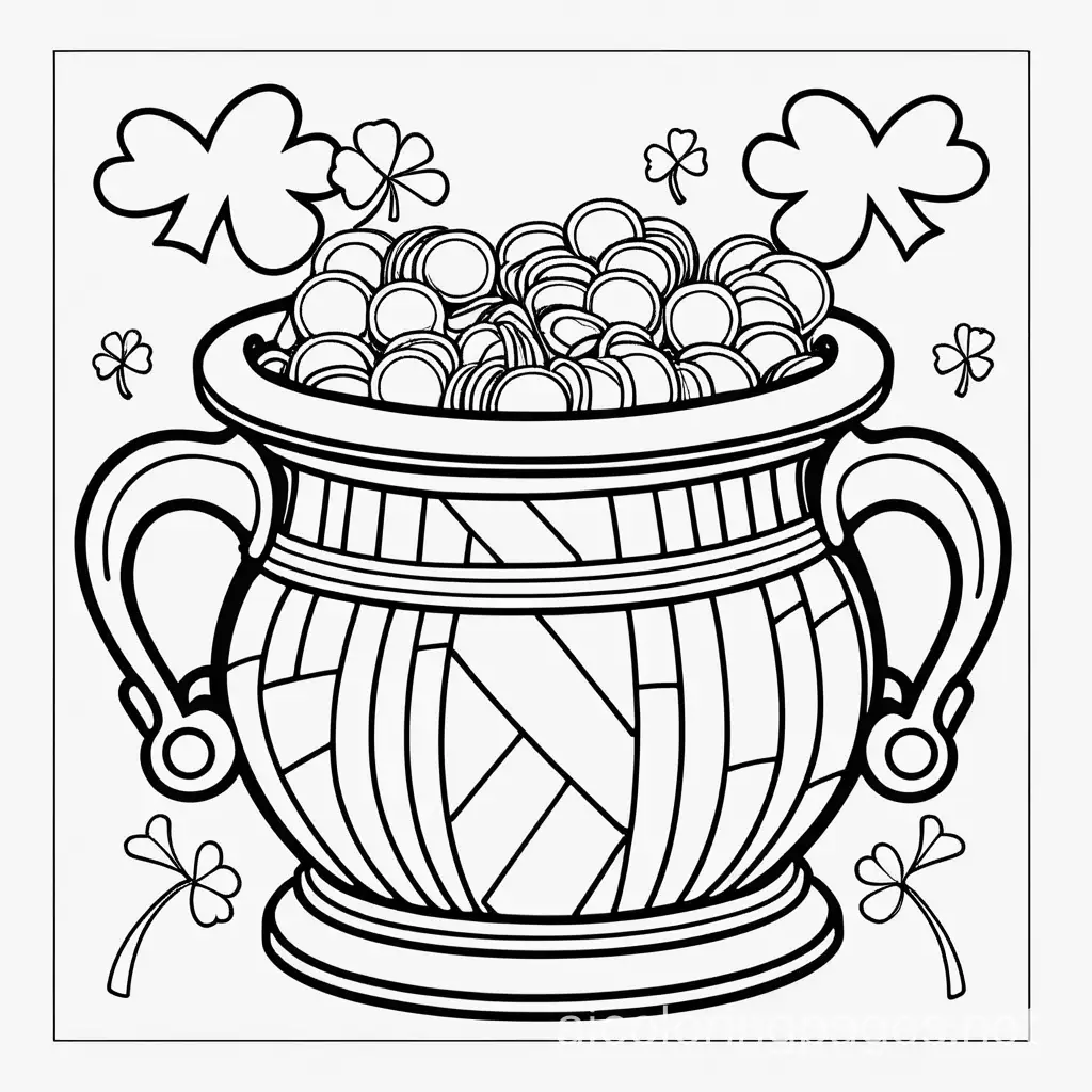 st.patrick's day or gold coin, pot , Coloring Page, black and white, line art, white background, Simplicity, Ample White Space. The background of the coloring page is plain white to make it easy for young children to color within the lines. The outlines of all the subjects are easy to distinguish, making it simple for kids to color without too much difficulty, Coloring Page, black and white, line art, white background, Simplicity, Ample White Space. The background of the coloring page is plain white to make it easy for young children to color within the lines. The outlines of all the subjects are easy to distinguish, making it simple for kids to color without too much difficulty