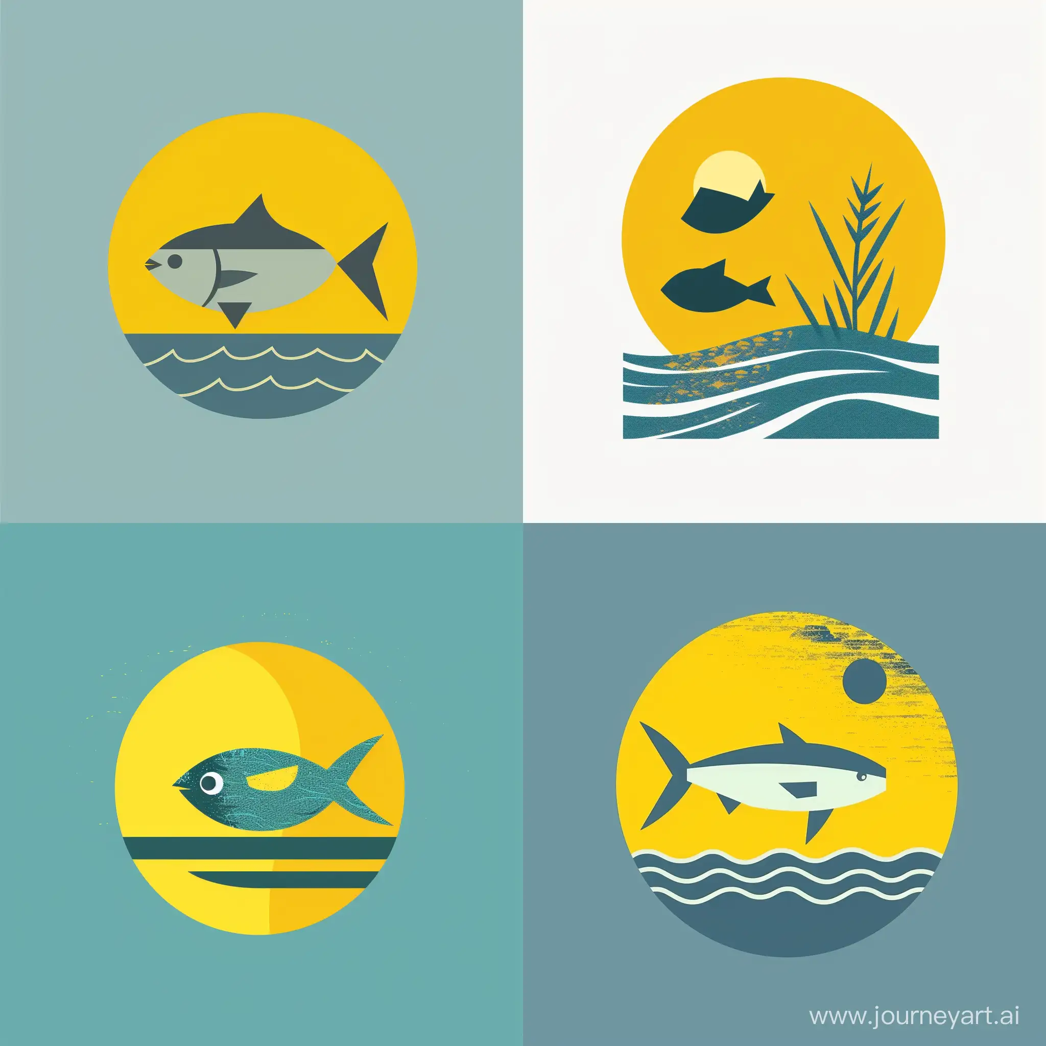 Design a logo with a combination of a yellow circle, the sea, and a fish that represents the cultivation of all kinds of aquatic animals in a flat style. Also, make sure that the style of the logo is updated and flat. Don't forget to use grain in the logo. Also, the fish should be flat.  And it should be simple in the logo, the color of the template in this logo should be blue, but the yellow circle should be present in this logo to show the sun